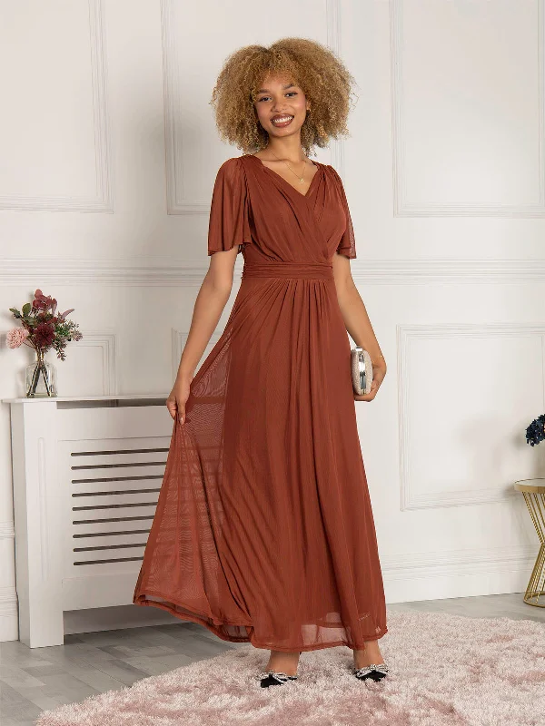 Flute Sleeve Mesh Maxi Dress, Rust