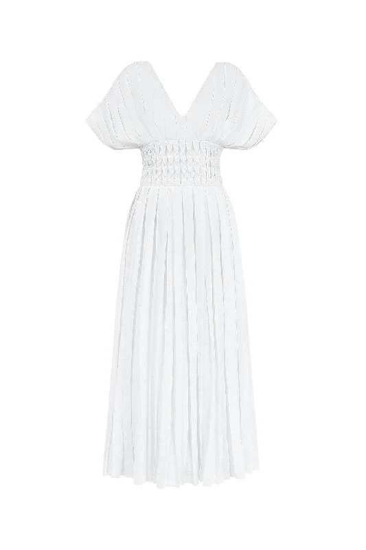 Eira Pleated V-Neck Linen Ankle Length Dress