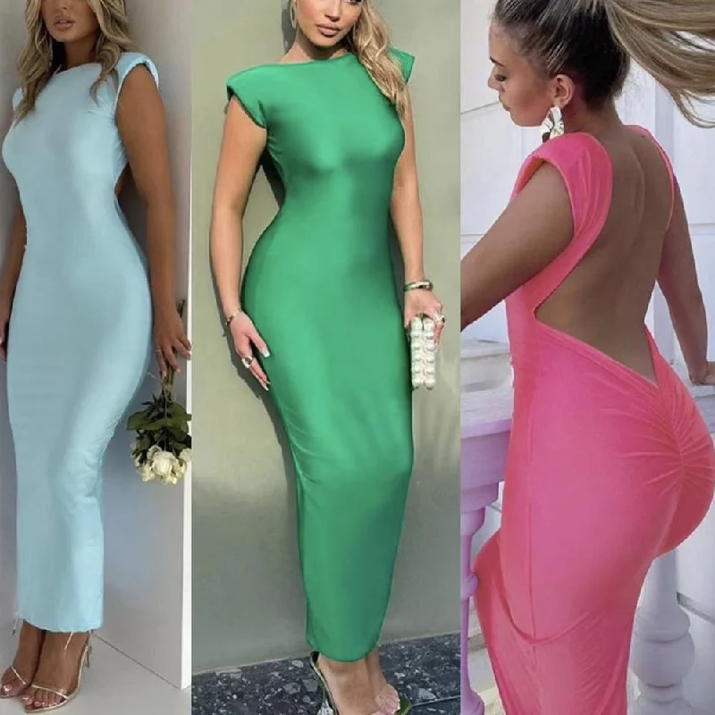 Fashion streetwear plain scrunch butt sexy backless party dress padded shoulder sleeveless bodycon women long maxi dress ladies