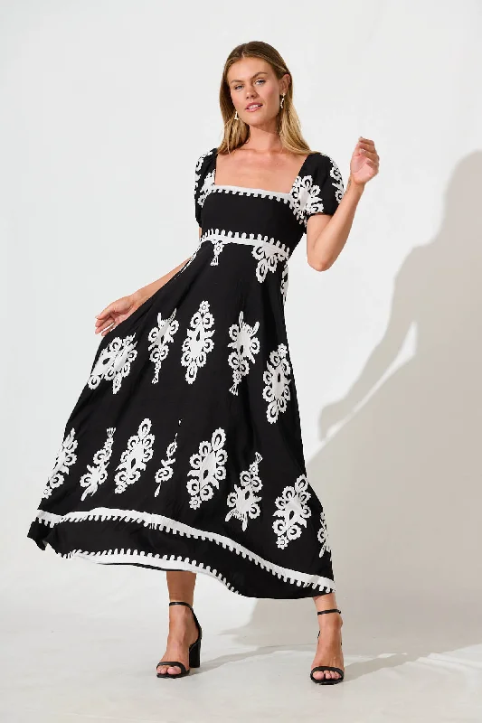 Norvi Maxi Dress in Black with White Print