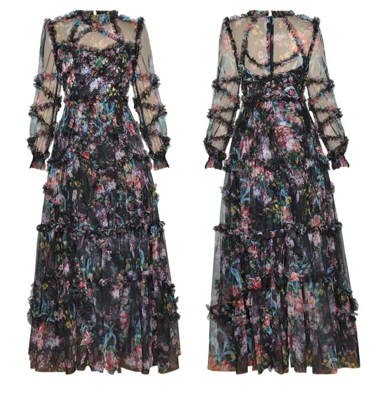 Printed Vintage mesh long Dress - WF115