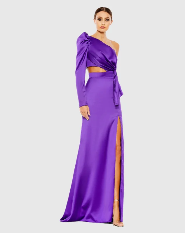 Purple Puff One Sleeve Cut Out Side Knot Gown