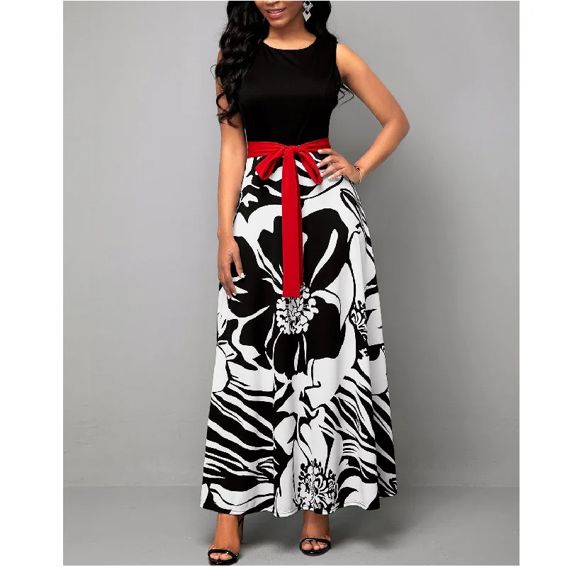 S to 5XL New Spring/Summer Sleeveless Printed High Waist Belt Maxi Elegant Dress For Fat Women