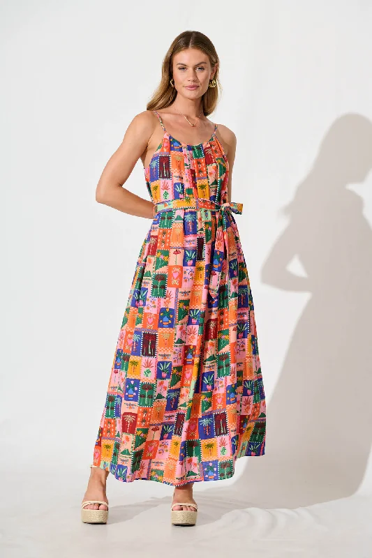 Selerina Maxi Sundress in Bright Multi Palm Linen Blend