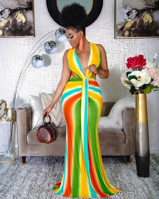 Spring Summer Fashion Colorful Rainbow Striped Print Sleeveless Ladies Maxi Length Dress Women