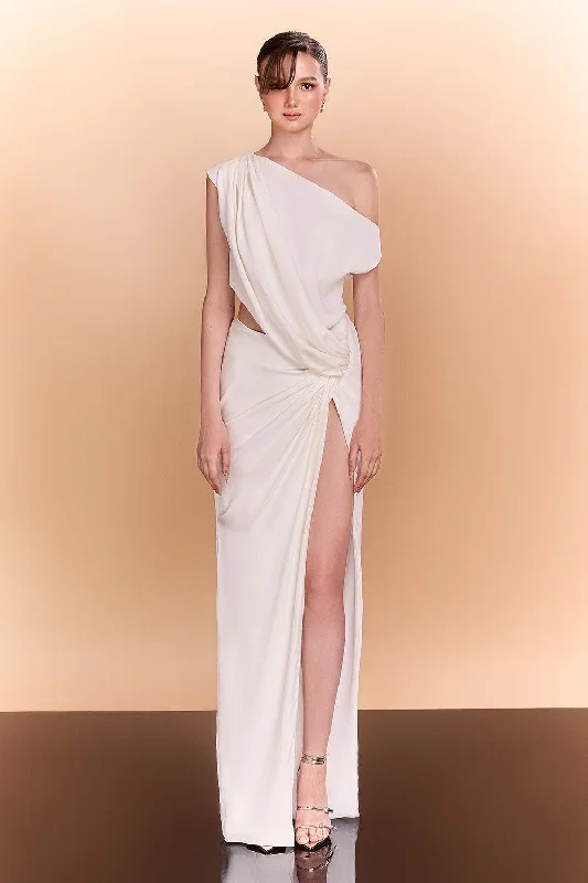 Wynter Slit Diagonal Neck Silk Floor Length Dress