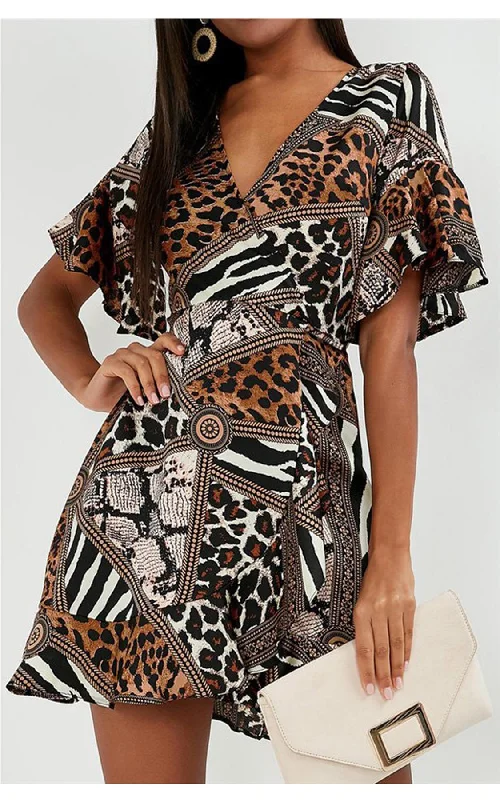 Angel Sleeve Skater Dress In Animal Print