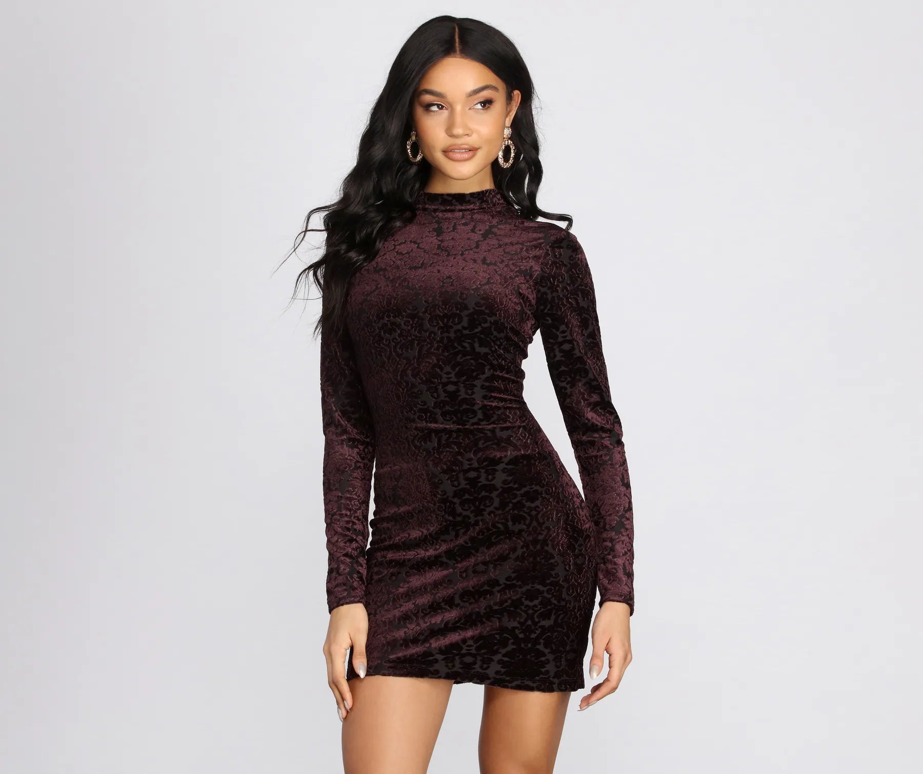 Flocked Velvet Mock Neck Mini Dress