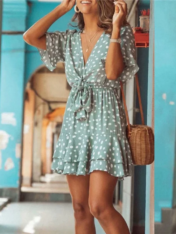 Frill Skater Mini Dress In Mint With Spot Print