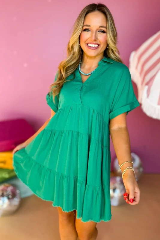 Green V Neck Collared Tiered Frayed Hem Short Sleeve Dress