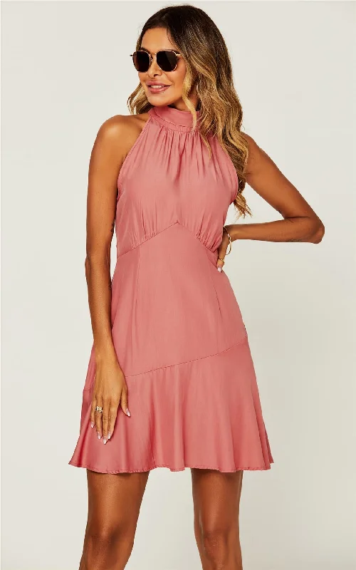 Halter Neck Tie Back Hem Detail Mini Dress In Pink