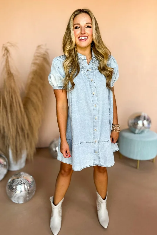 Light Denim Collared Smocked Detail Button Front Short Sleeve Dress