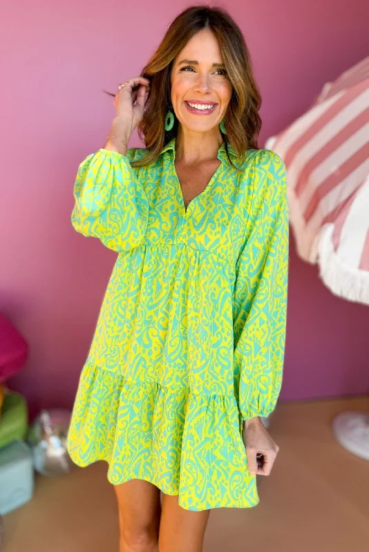 Lime Green Two Tone Abstract Printed Collared Tiered Long Sleeve Dress