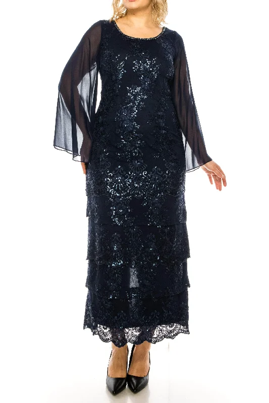 Maya Brooke 28407MV - Floral Sequined Sheer Long Sleeved Tiered Dress