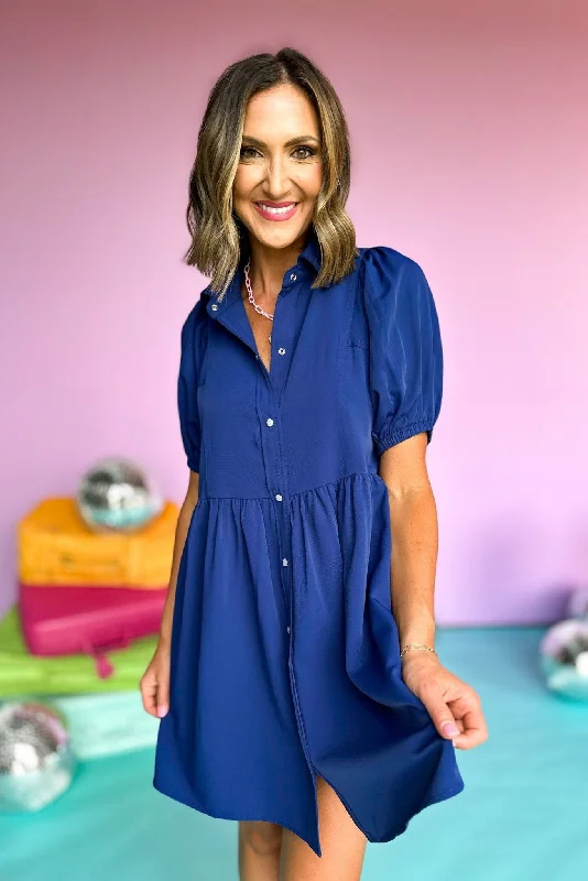 Navy Pearl Snap Collared Puff Sleeve Button Down Dress