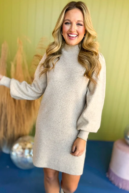 Oatmeal Turtleneck Long Sleeve Sweater Dress