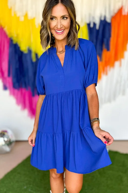 Royal Blue Split Neck Tiered Raglan Sleeve Dress