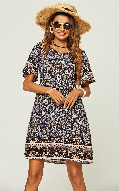 Ruffle Sleeve Mini Dress In Navy Print