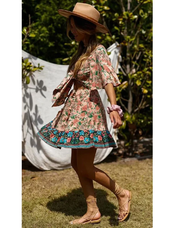 Summer Mini Dress In Peach & Green Floral