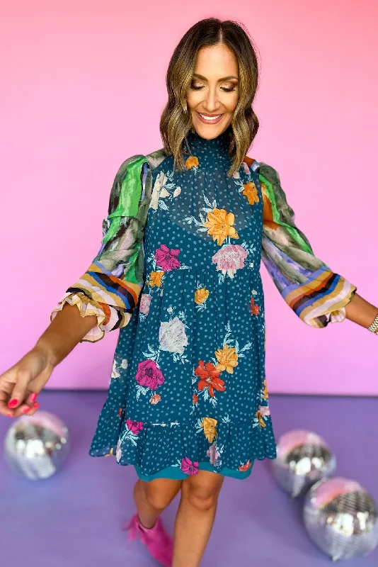 Teal Floral Print Tie Neck Long Sleeve Dress