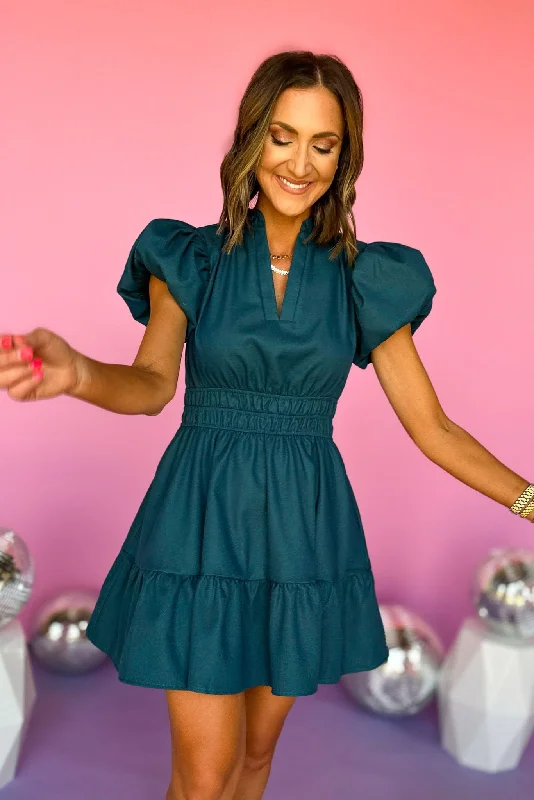 Teal Puffed Sleeve Smocked Waist Mini Dress