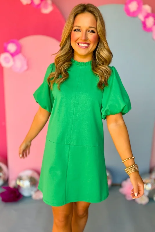 THML Green Frilled Neck Puff Short Sleeve Dress