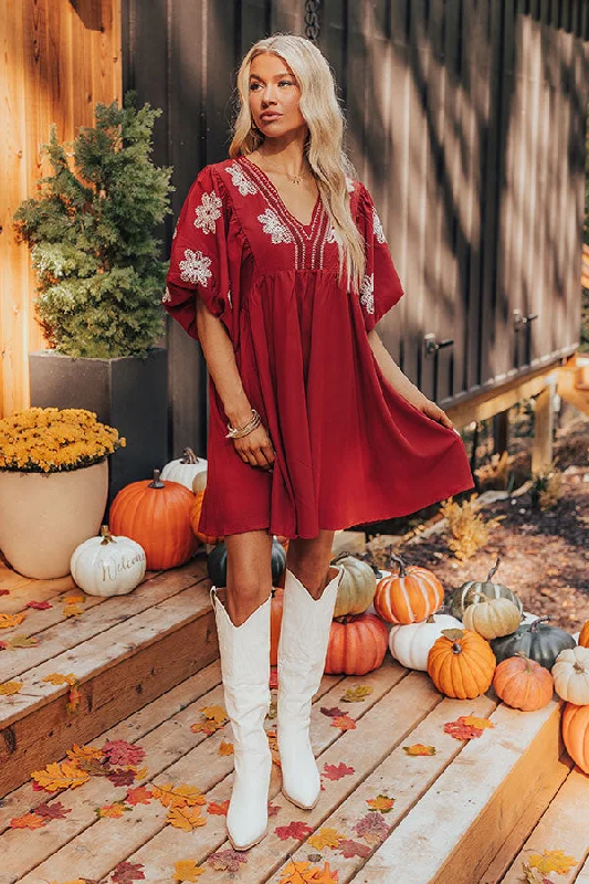 Tucson Sunsets Embroidered Mini Dress in Dark Scarlet