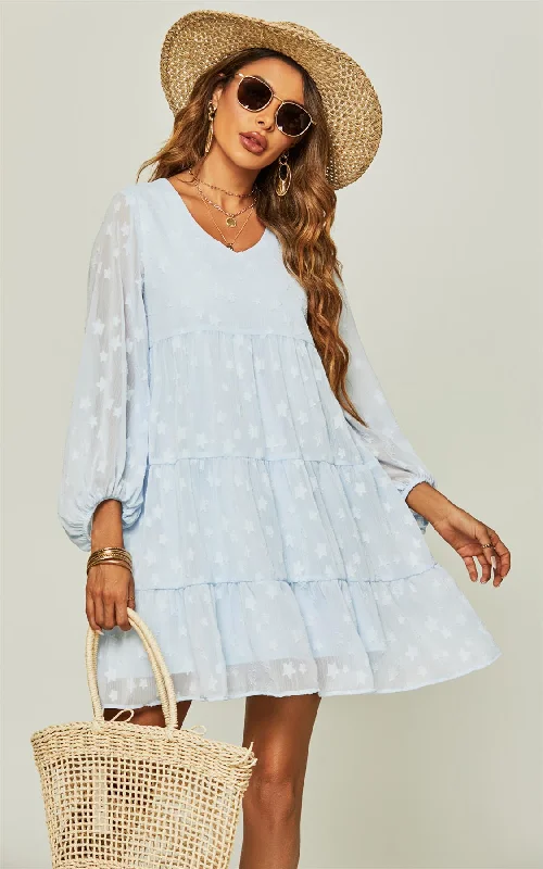 V Neck Long Balloon Sleeve Tiered Dress In Blue & Star Patten