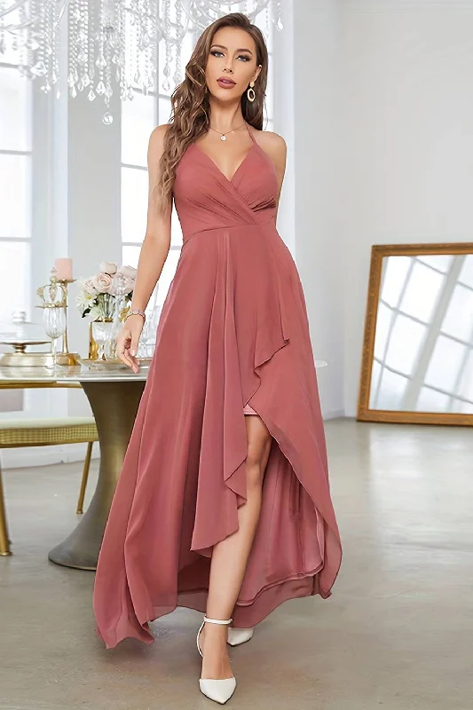 Coral Asymmetrical A-Line Halter Prom Dress With Sleeveless