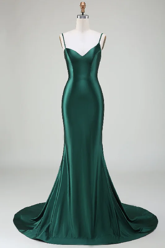 Dark Green Mermaid Spaghetti Straps Sweep Train Prom Dress