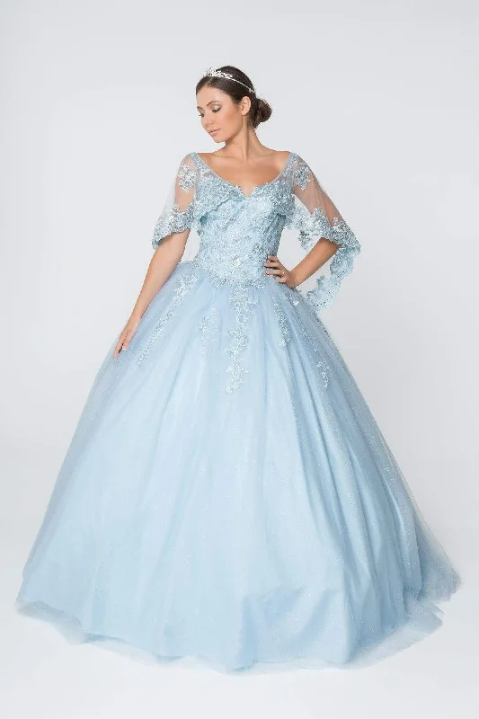 Elizabeth K - GL2800 Sheer Cape Sleeve Appliqued Glitter Ballgown