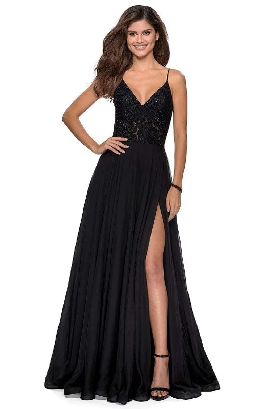 La Femme - 28664 Sequined Lace Chiffon Simple Prom High Slit Dress