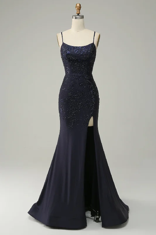 Navy Spaghetti Straps Beaded Mermaid Prom Dress with Split