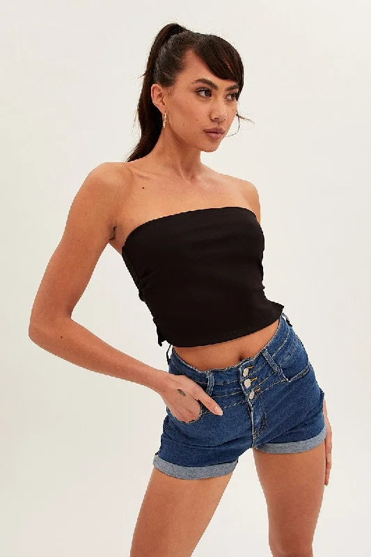 Blue High Waist 3 Button Stretch Denim Shorts