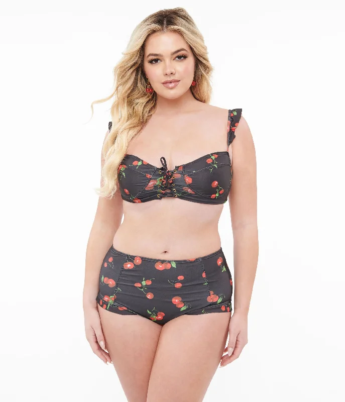 Black & Cherry Print Two Piece Swim Set