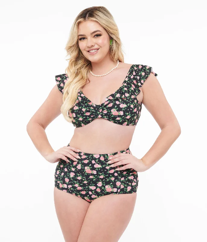 Black & Rose Print Two Piece Swim Set