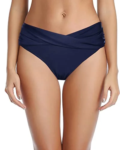 Twist Band Bikini Bottom V Cut Full Coverage Bathing Suit Bottoms-Navy Blue